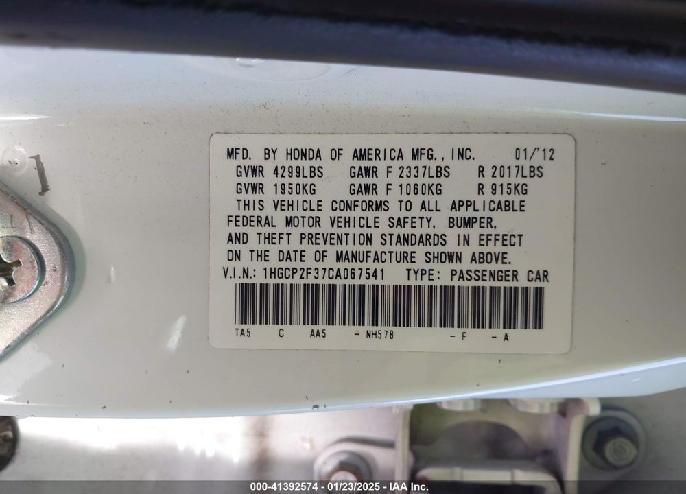2012 HONDA ACCORD 2.4 LX VIN: 1HGCP2F37CA067541