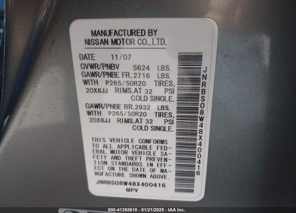 2008 INFINITI FX45 VIN: JNRBS08W48X400416