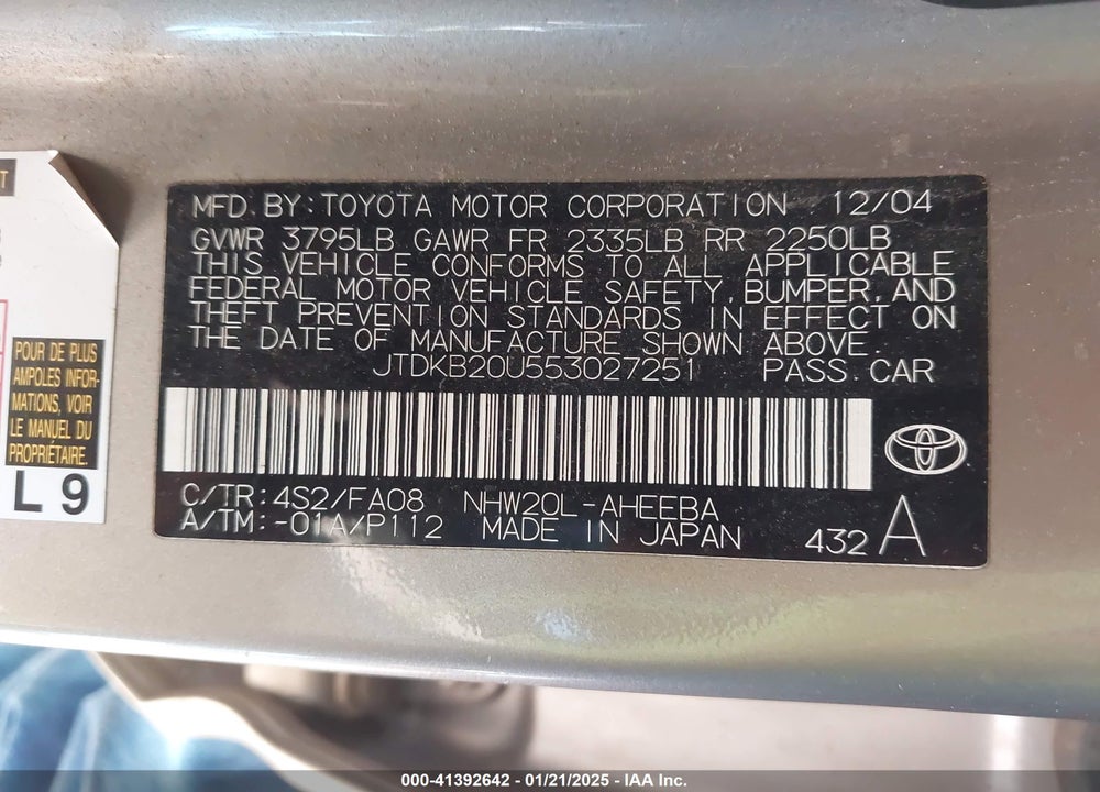 2005 TOYOTA PRIUS VIN: JTDKB20U553027251