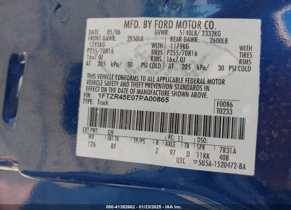 2007 FORD RANGER VIN: 1FTZR45E07PA00865