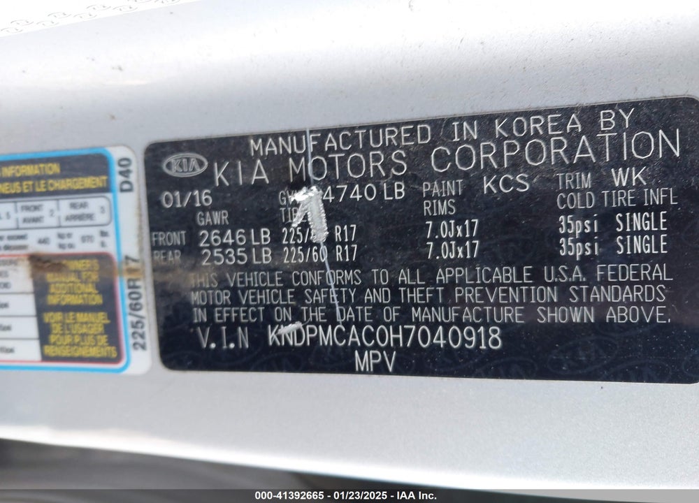 2017 KIA SPORTAGE LX VIN: KNDPMCAC0H7040918