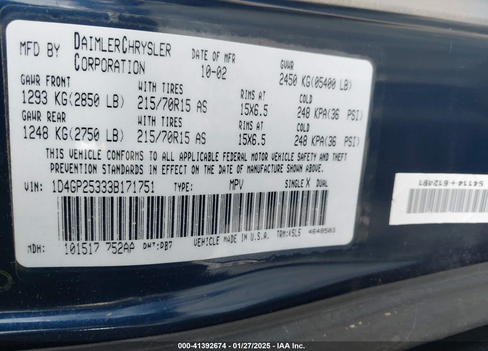 2003 DODGE CARAVAN SE VIN: 1D4GP25333B171751