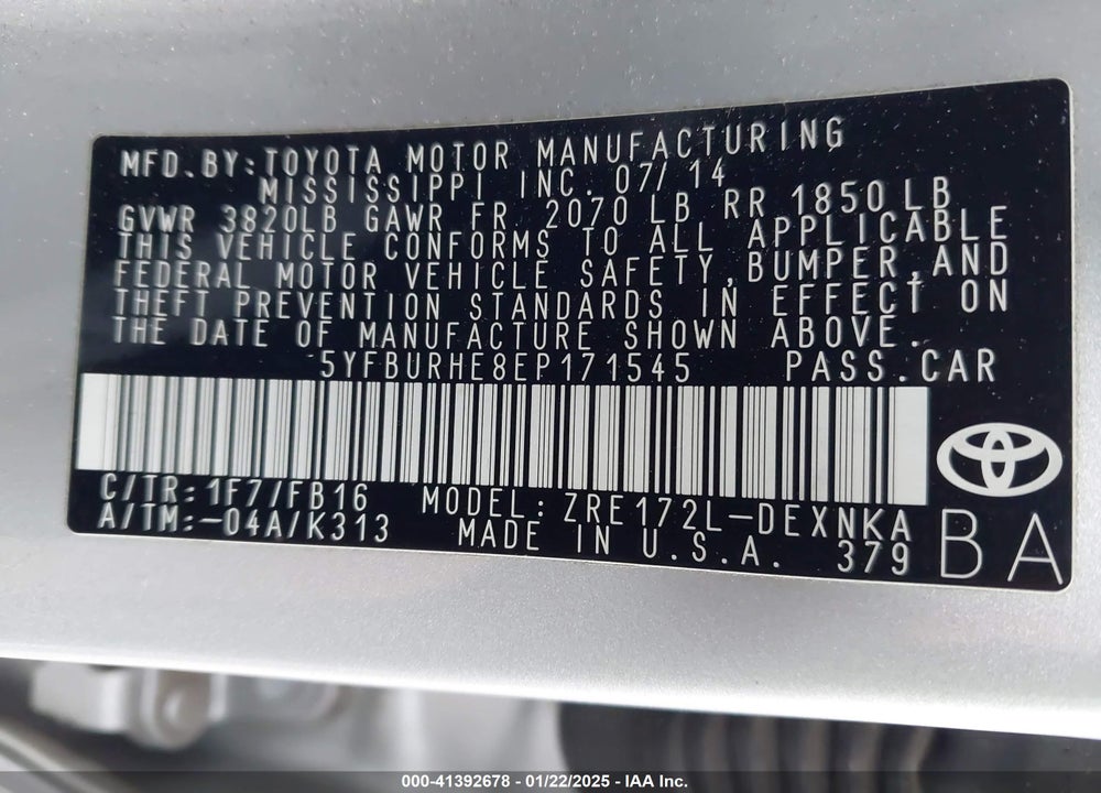 2014 TOYOTA COROLLA VIN: 5YFBURHE8EP171545