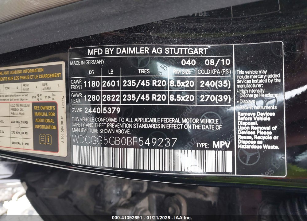 2011 MERCEDES-BENZ GLK 350 VIN: WDCGG5GB0BF549237
