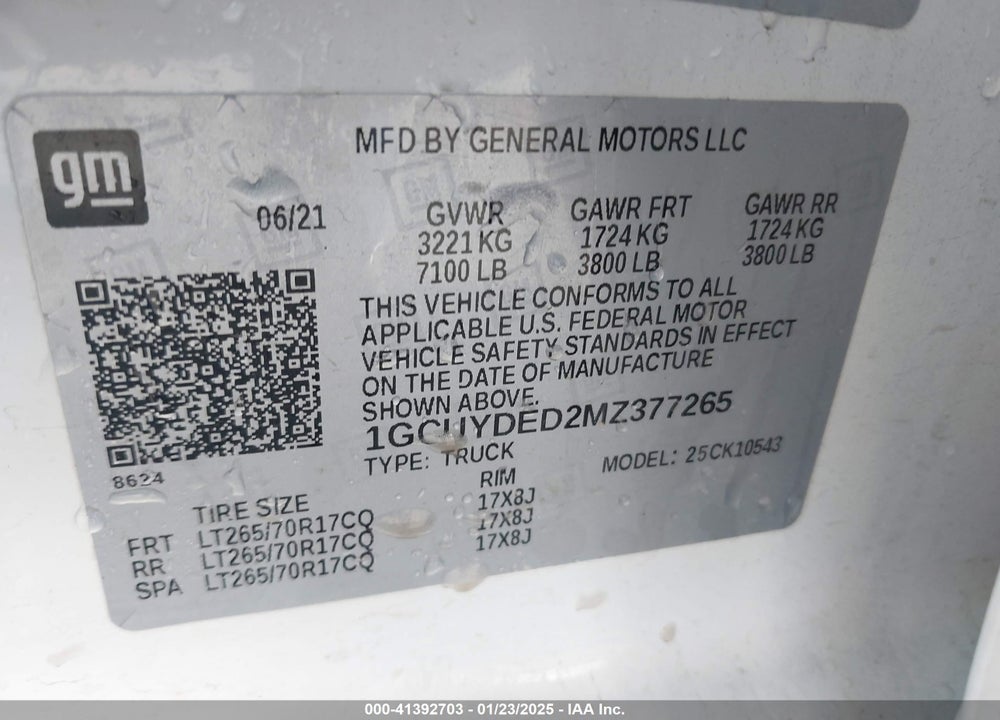 2021 CHEVROLET SILVERADO VIN: 1GCUYDED2MZ377265