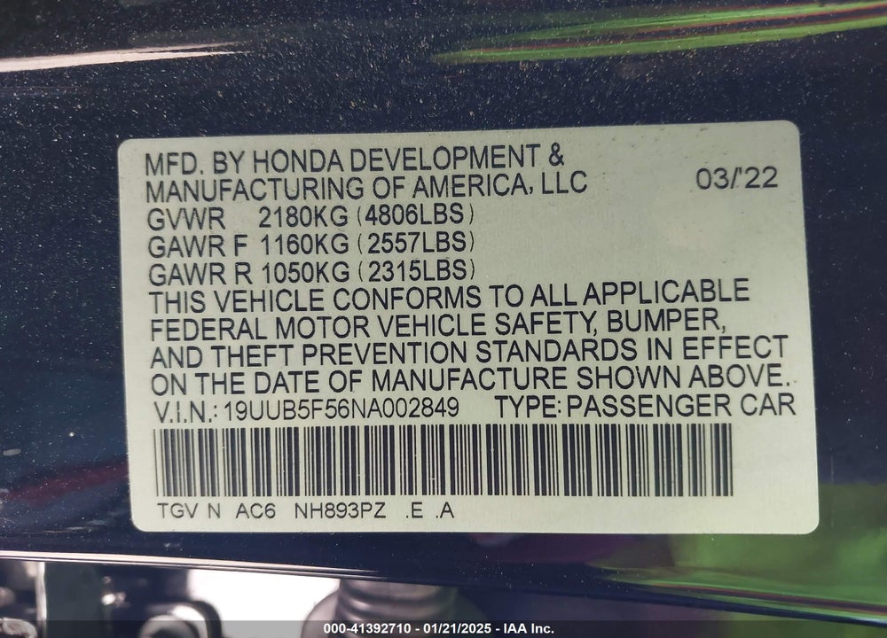 2022 ACURA TLX VIN: 19UUB5F56NA002849