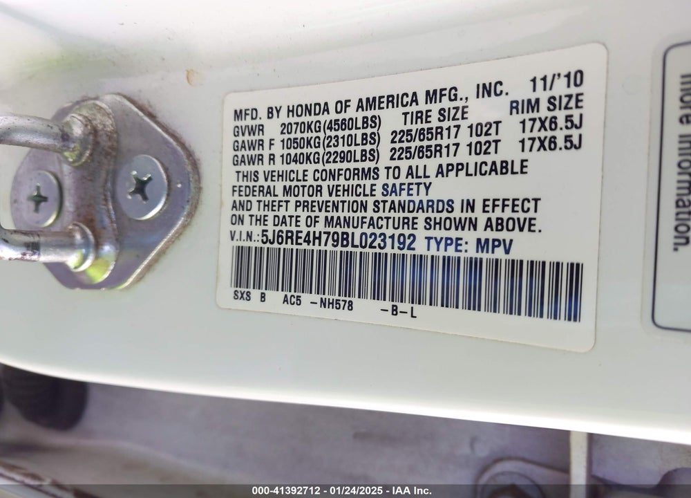 2011 HONDA CR-V VIN: 5J6RE4H79BL023192