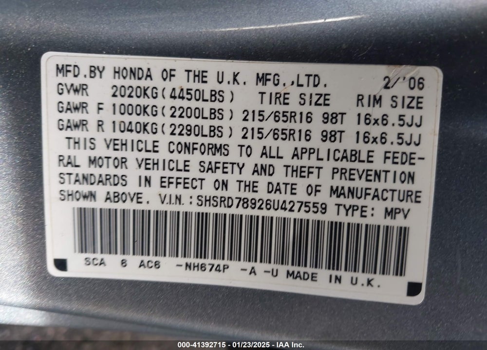 2006 HONDA CR-V SE VIN: SHSRD78926U427559
