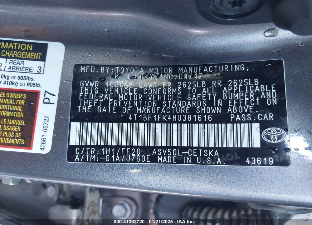 2017 TOYOTA CAMRY VIN: 4T1BF1FK4HU381616