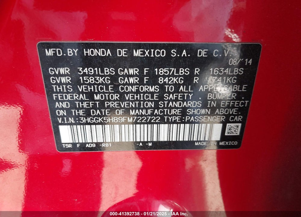 2015 HONDA FIT VIN: 3HGGK5H89FM722722