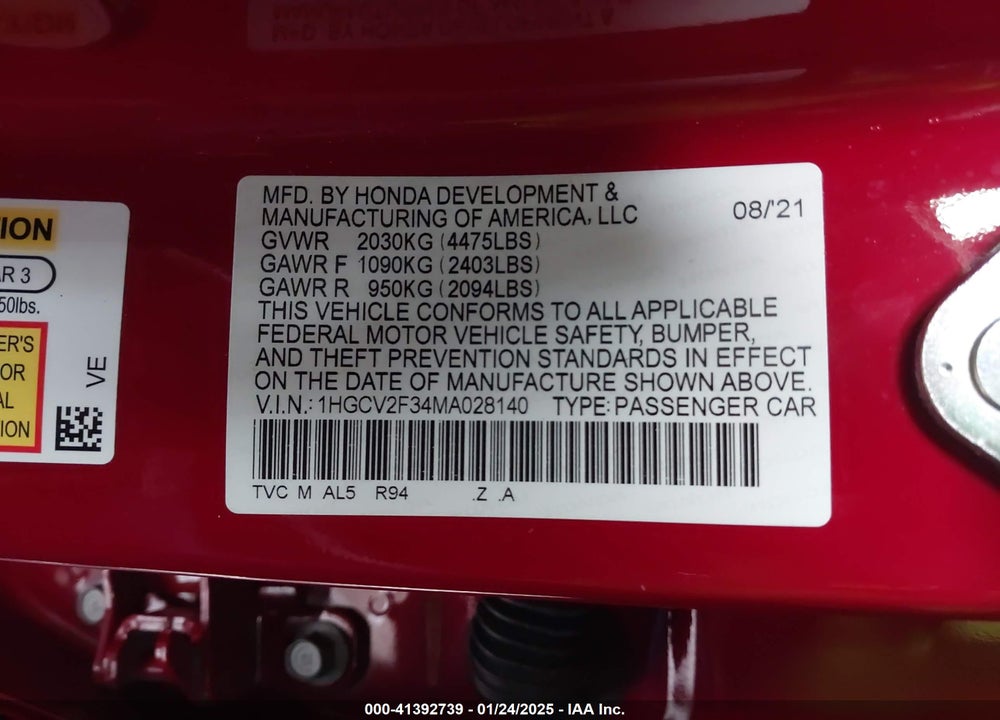 2021 HONDA ACCORD VIN: 1HGCV2F34MA028140