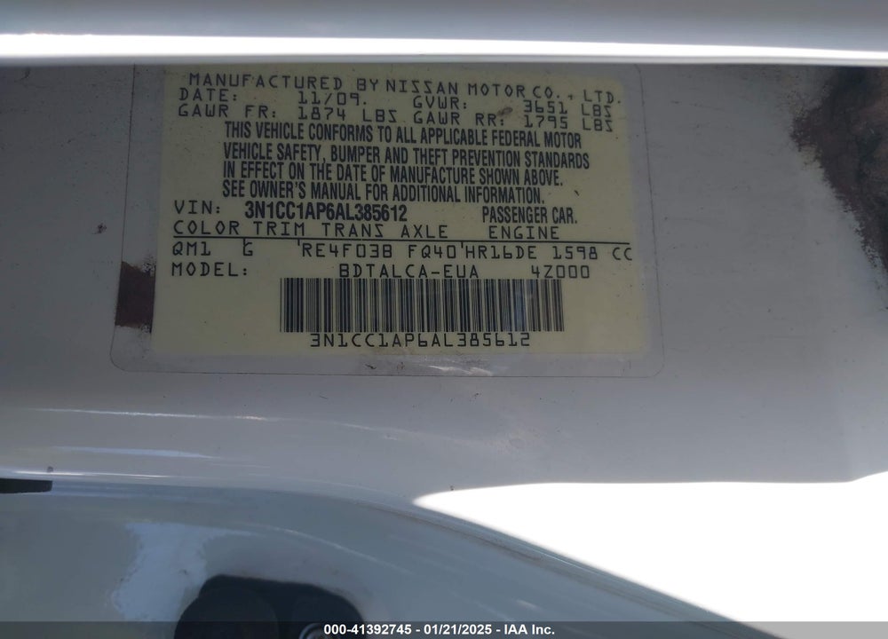 2010 NISSAN VERSA VIN: 3N1CC1AP6AL385612