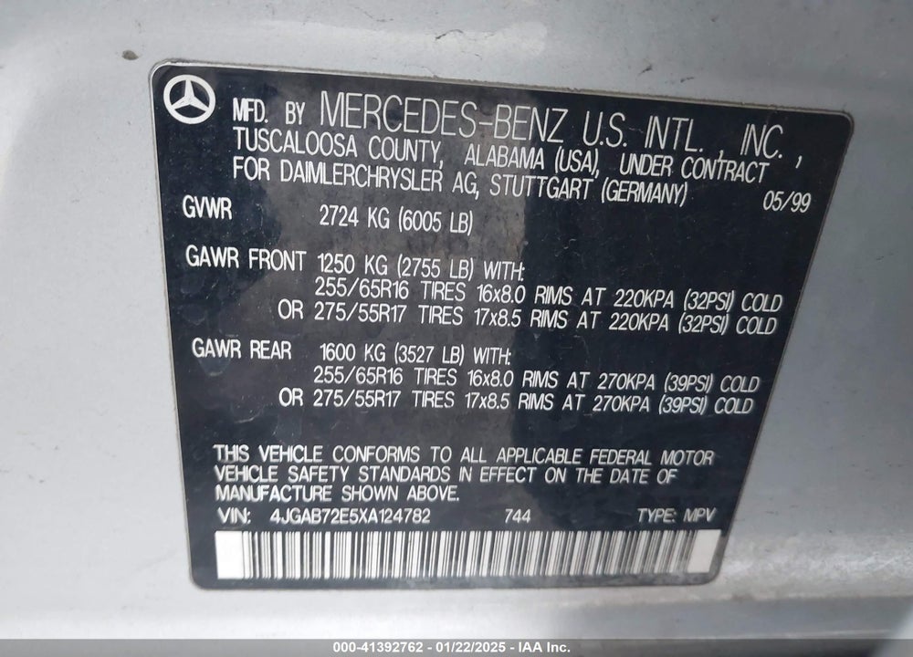 1999 MERCEDES-BENZ ML 430 VIN: 4JGAB72E5XA124782