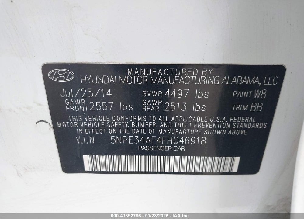 2015 HYUNDAI SONATA LIMITED VIN: 5NPE34AF4FH046918