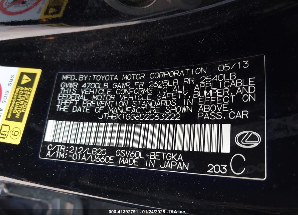 2013 LEXUS ES 350 VIN: JTHBK1GG6D2063222