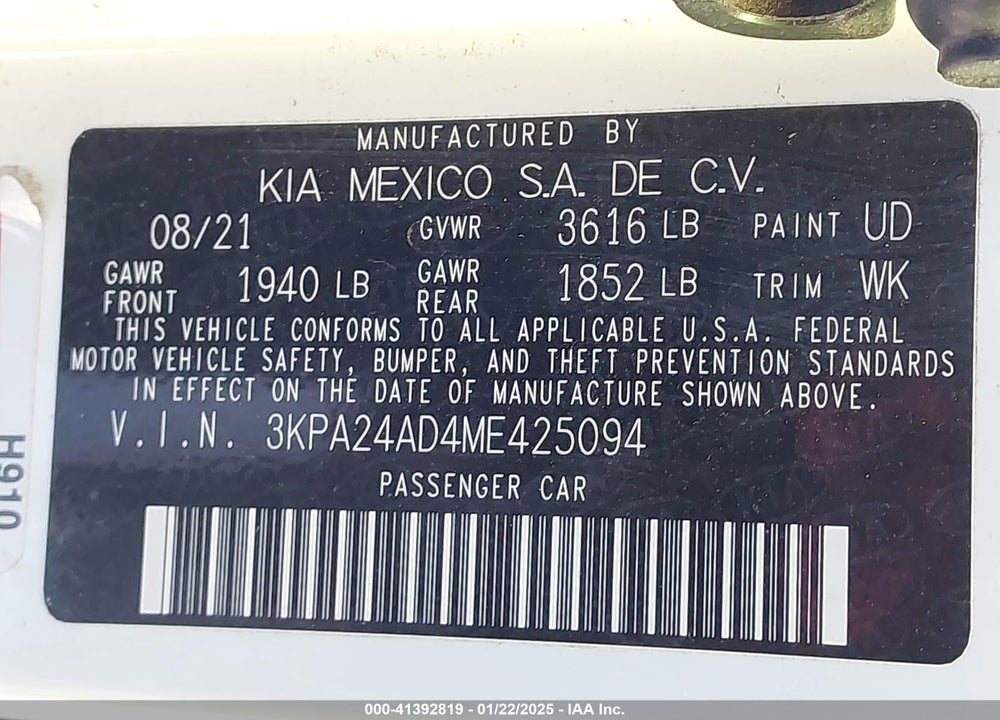 2021 KIA RIO VIN: 3KPA24AD4ME425094