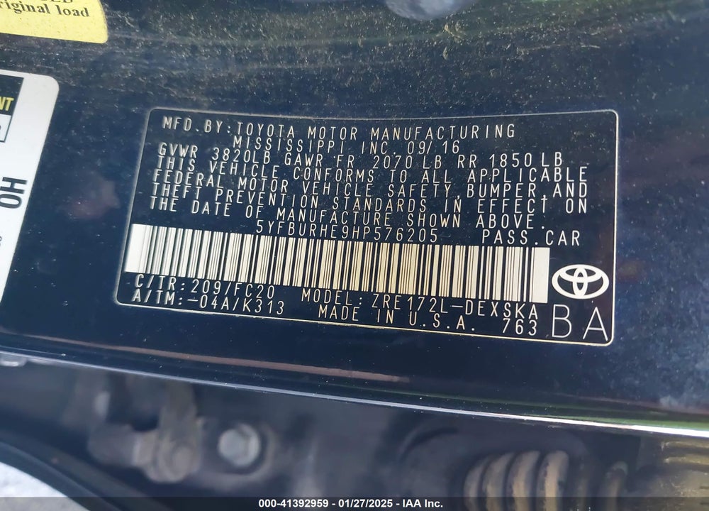 2017 TOYOTA COROLLA VIN: 5YFBURHE9HP576205