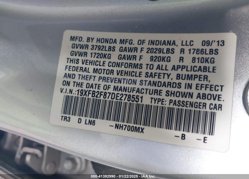 2013 HONDA CIVIC EX VIN: 19XFB2F87DE278551