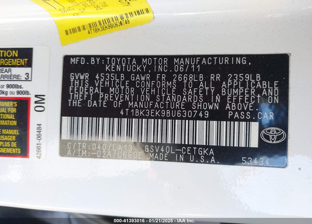 2011 TOYOTA CAMRY VIN: 4T1BK3EK9BU630749