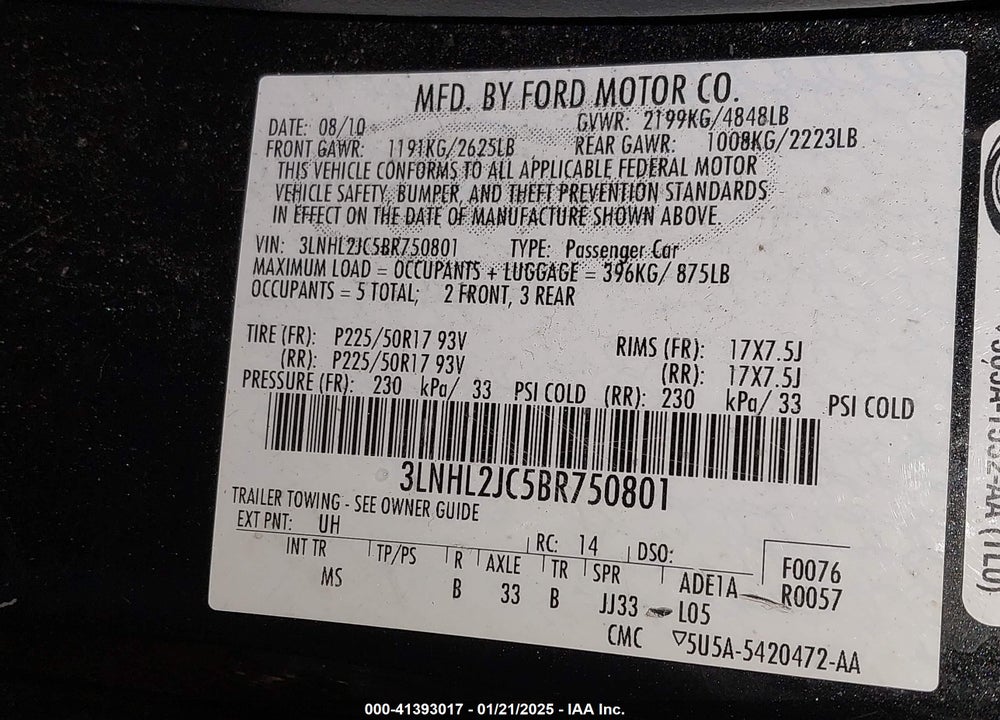 2011 LINCOLN MKZ VIN: 3LNHL2JC5BR750801