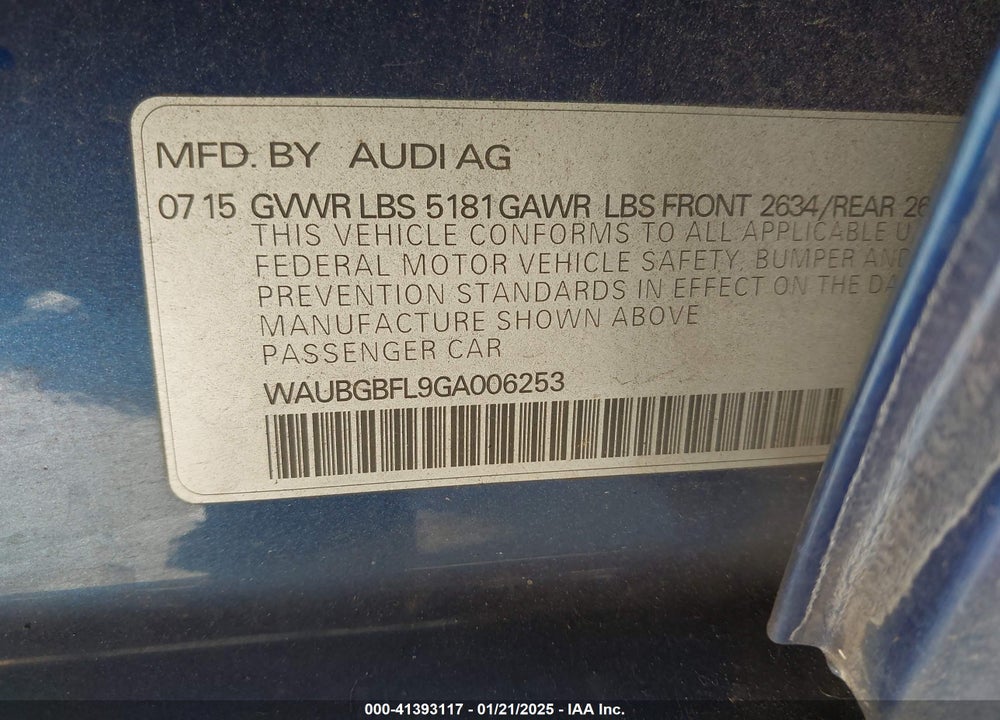 2016 AUDI S4 VIN: WAUBGBFL9GA006253