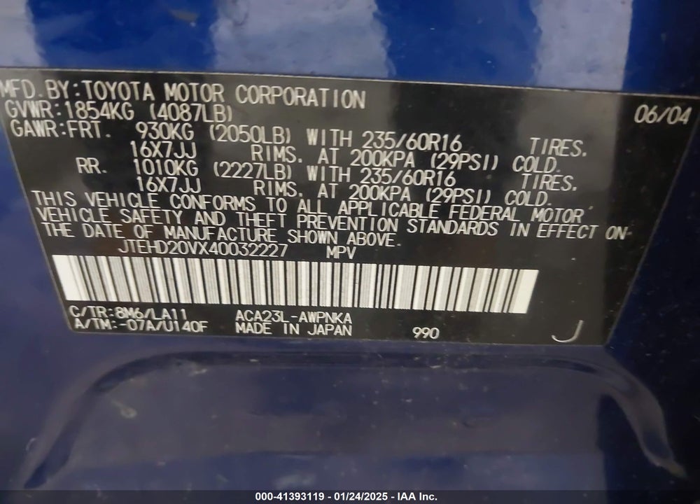2004 TOYOTA RAV4 VIN: JTEHD20VX40032227