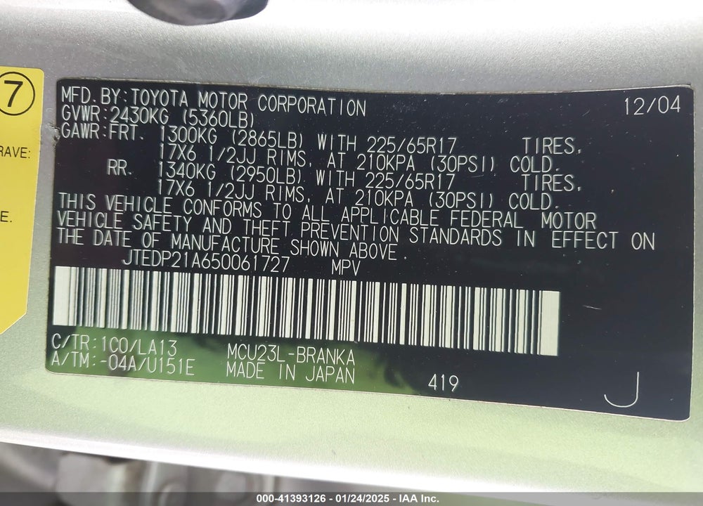 2005 TOYOTA HIGHLANDER LIMITED V6 VIN: JTEDP21A650061727