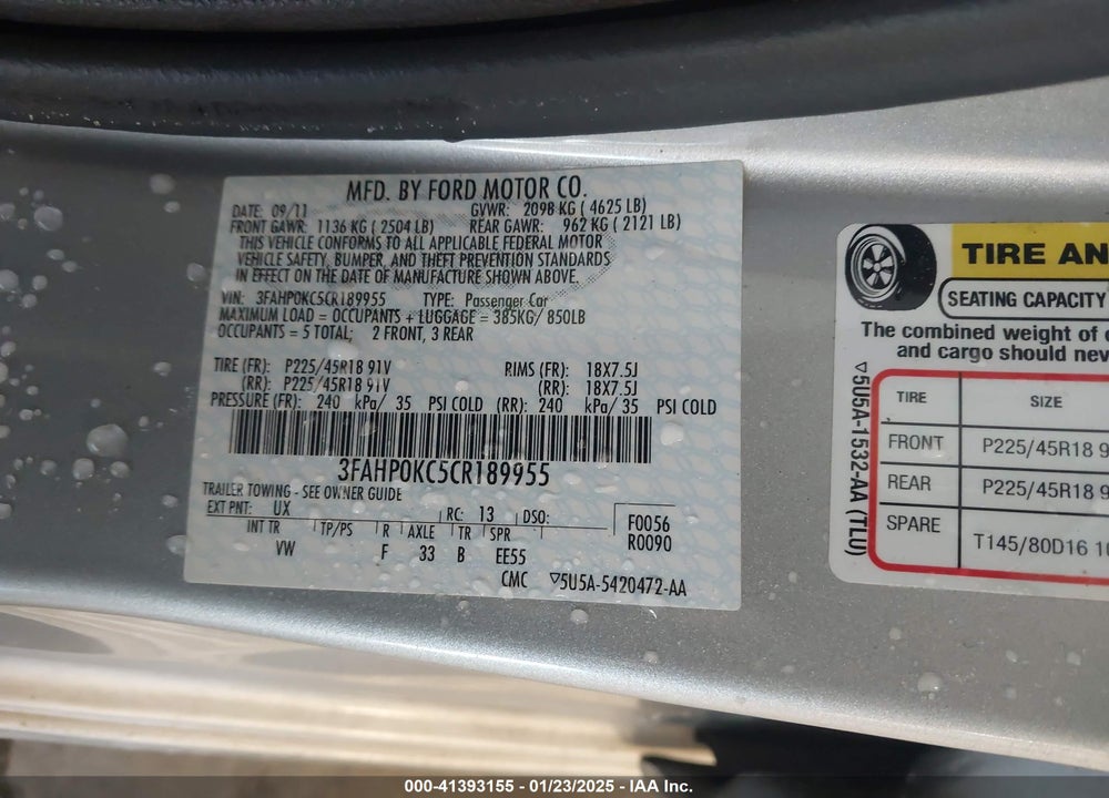 2012 FORD FUSION VIN: 3FAHP0KC5CR189955