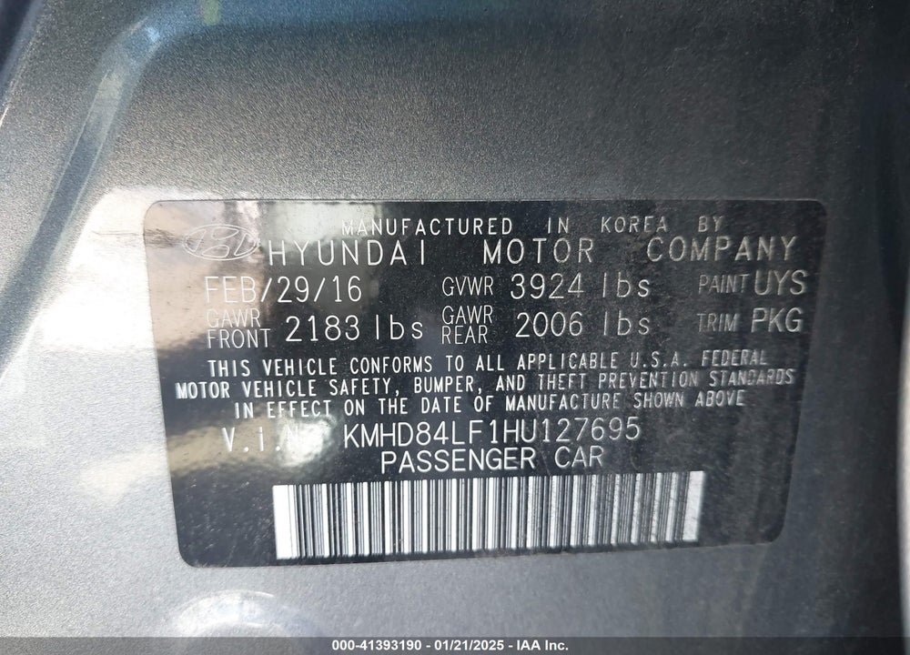 2017 HYUNDAI ELANTRA LIMITED VIN: KMHD84LF1HU127695