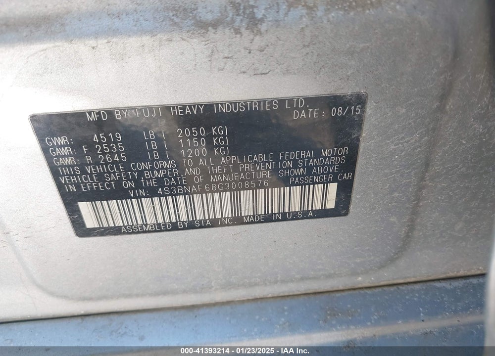 2016 SUBARU LEGACY VIN: 4S3BNAF68G3008576