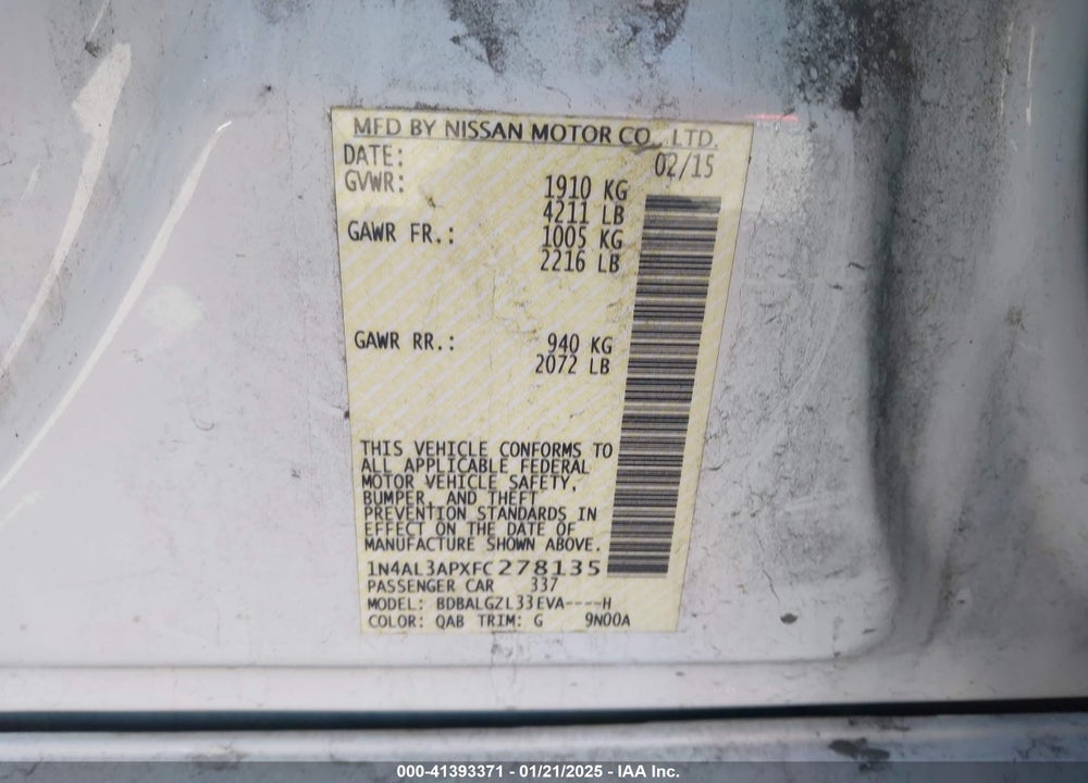 2015 NISSAN ALTIMA VIN: 1N4AL3APXFC278135