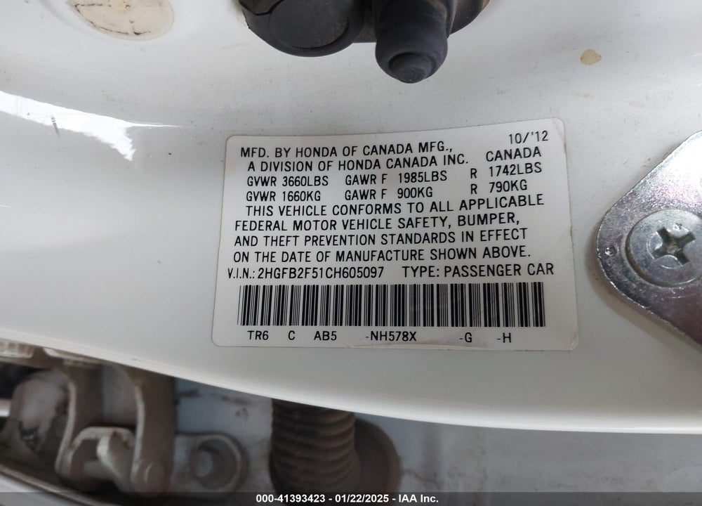 2012 HONDA CIVIC LX VIN: 2HGFB2F51CH605097