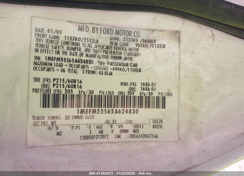 2005 MERCURY SABLE LS VIN: 1MEFM55S65A624830