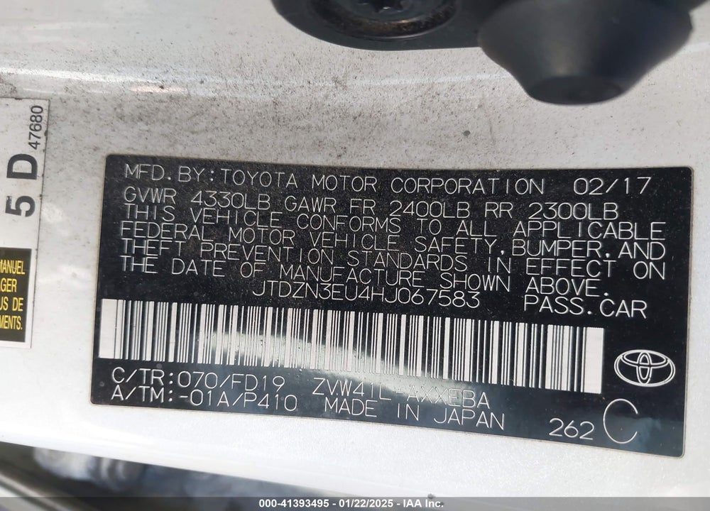 2017 TOYOTA PRIUS V VIN: JTDZN3EU4HJ067583