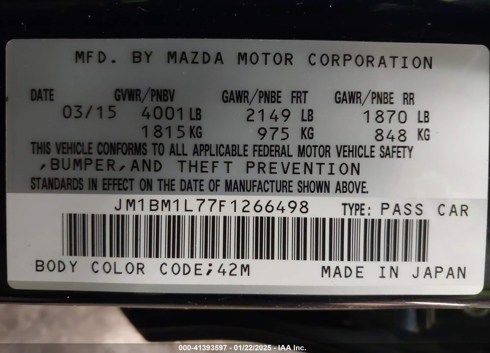 2015 MAZDA 3 I TOURING VIN: JM1BM1L77F1266498