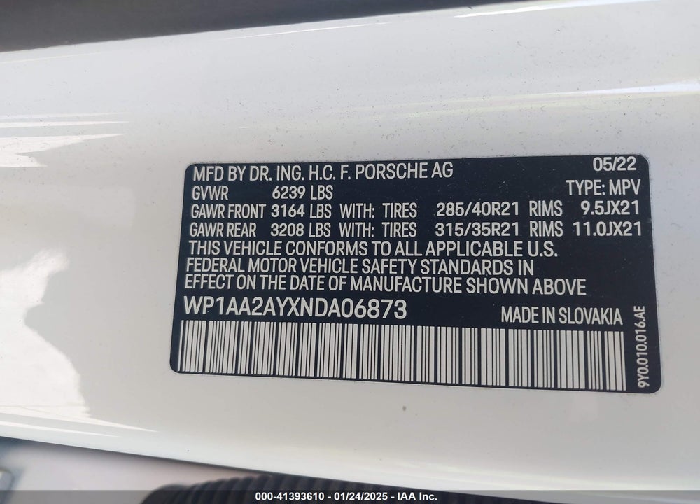 2022 PORSCHE CAYENNE VIN: WP1AA2AYXNDA06873