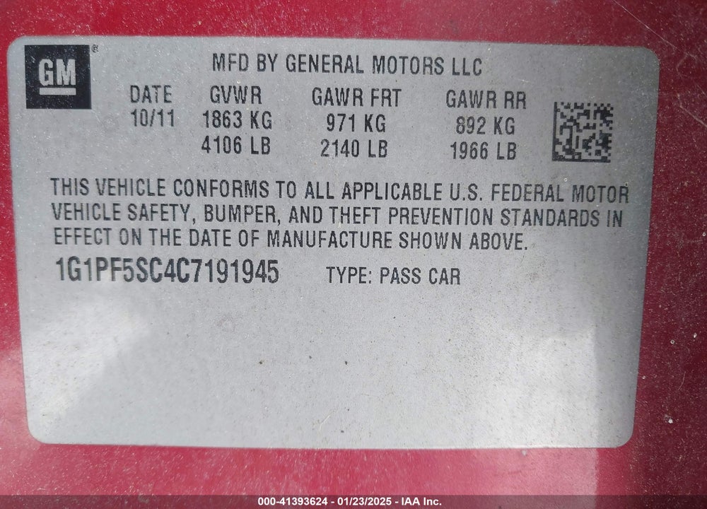 2012 CHEVROLET CRUZE VIN: 1G1PF5SC4C7191945