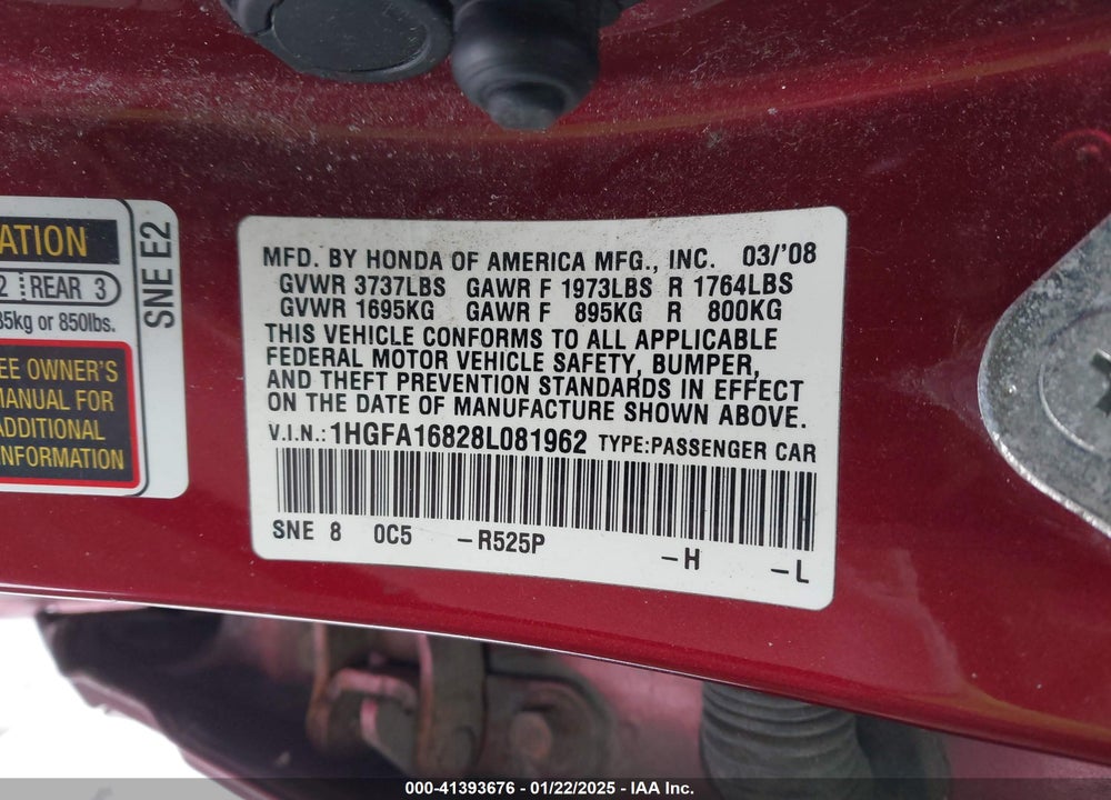 2008 HONDA CIVIC VIN: 1HGFA16828L081962