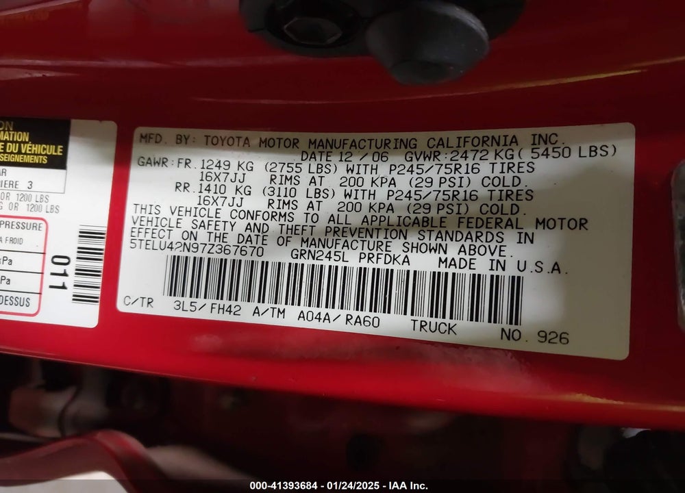 2007 TOYOTA TACOMA VIN: 5TELU42N97Z367670