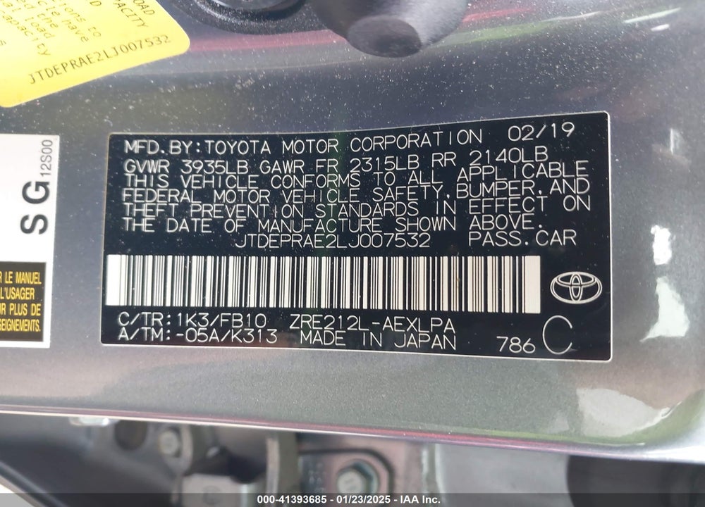 2020 TOYOTA COROLLA LE VIN: JTDEPRAE2LJ007532