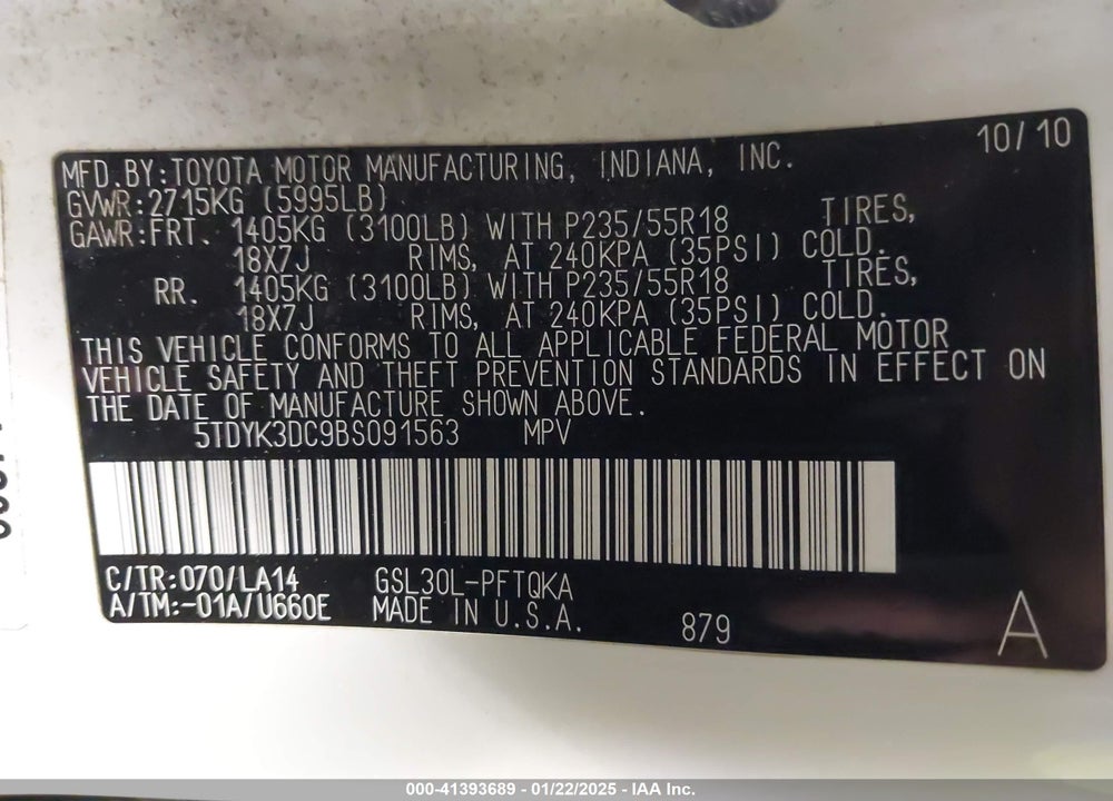 2011 TOYOTA SIENNA VIN: 5TDYK3DC9BS091563
