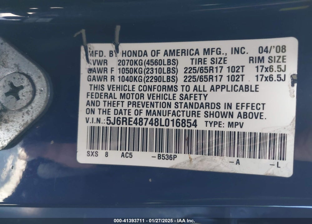 2008 HONDA CR-V EX-L VIN: 5J6RE48748L016854