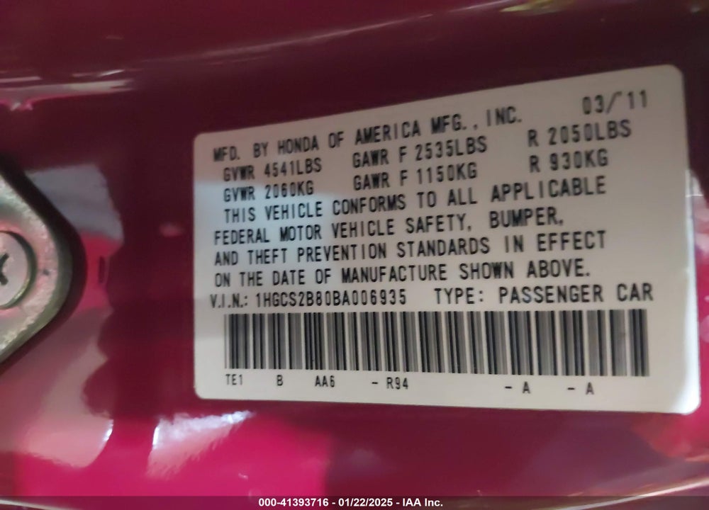 2011 HONDA ACCORD VIN: 1HGCS2B80BA006935