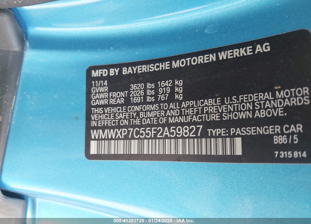 2015 MINI HARDTOP VIN: WMWXP7C55F2A59827