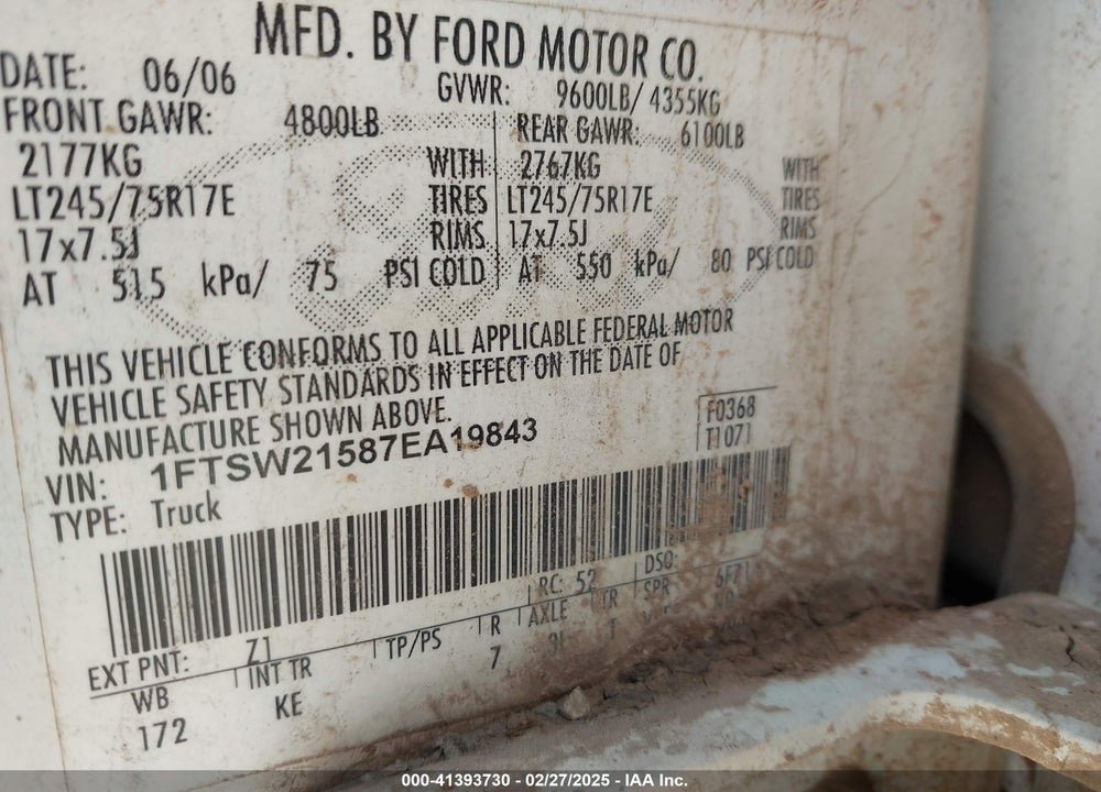 2007 FORD F-250 VIN: 1FTSW21587EA19843