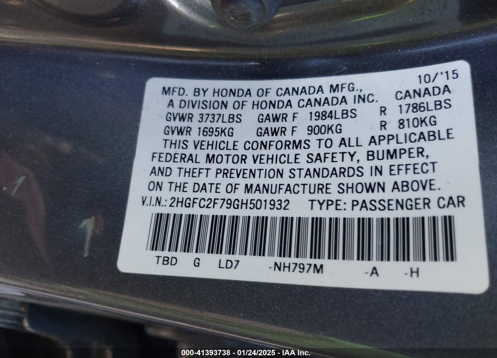 2016 HONDA CIVIC VIN: 2HGFC2F79GH501932