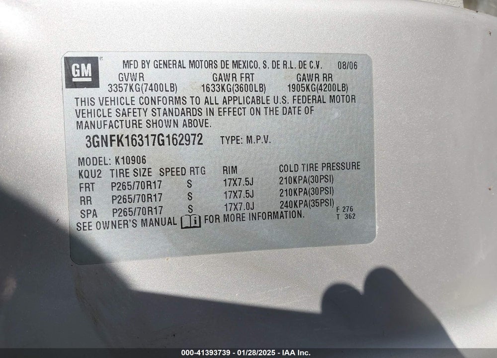 2007 CHEVROLET SUBURBAN 1500 LT VIN: 3GNFK16317G162972