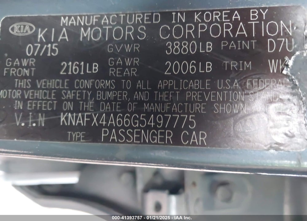 2016 KIA FORTE VIN: KNAFX4A66G5497775