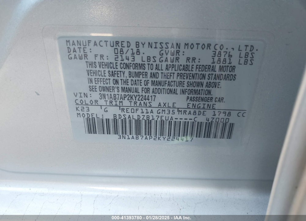 2019 NISSAN SENTRA VIN: 3N1AB7AP2KY224417