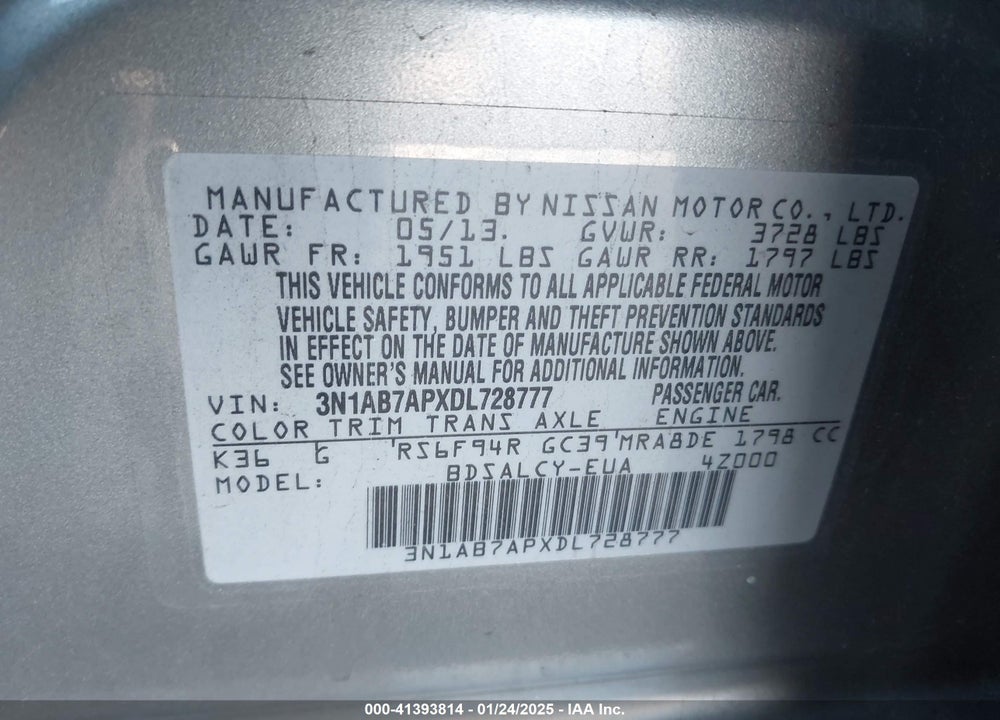 2013 NISSAN SENTRA VIN: 3N1AB7APXDL728777